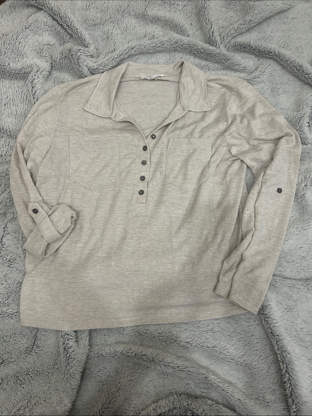 Jane and Delancey Long-Sleeve Henley Polo in light tan